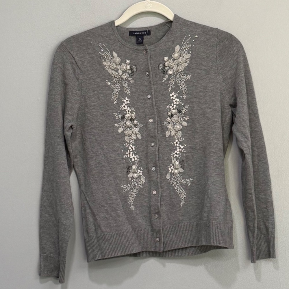 Lands End Gray Floral Embroidered Beaded Cardigan Sweater XS 2-4 NWT